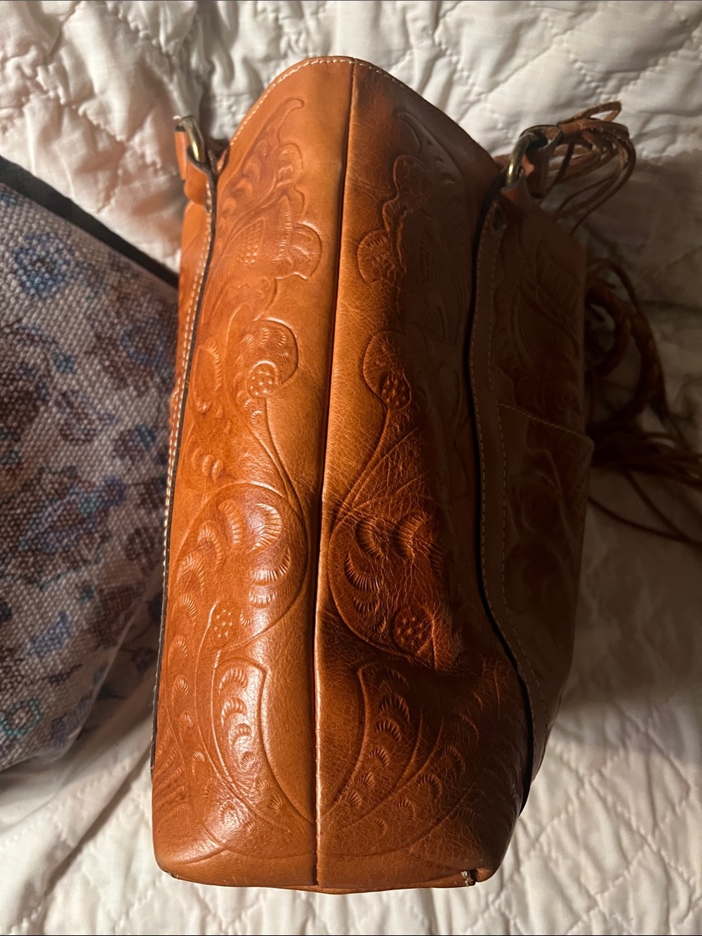 Patricia Nash Rena Burnished Brown Tooled Leather Tote Zip Top Tassels - Picture 7 of 11